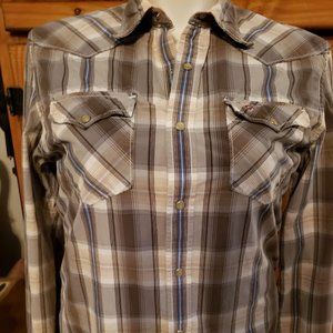 HOLLISTER CALIFORNIA WESTERN SHIRT,BROWN/BLUE PLAID,PEARL SNAPS,SZ XL Mens